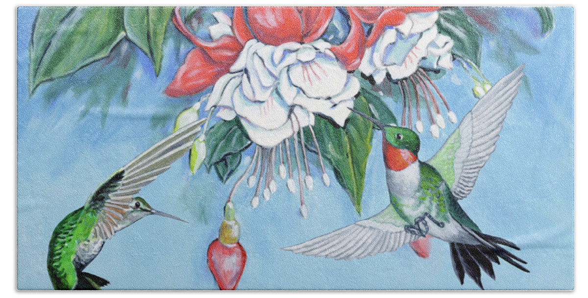 Hummingbird Hand Towel featuring the painting Humming Birds and Fuchsias by Richard De Wolfe
