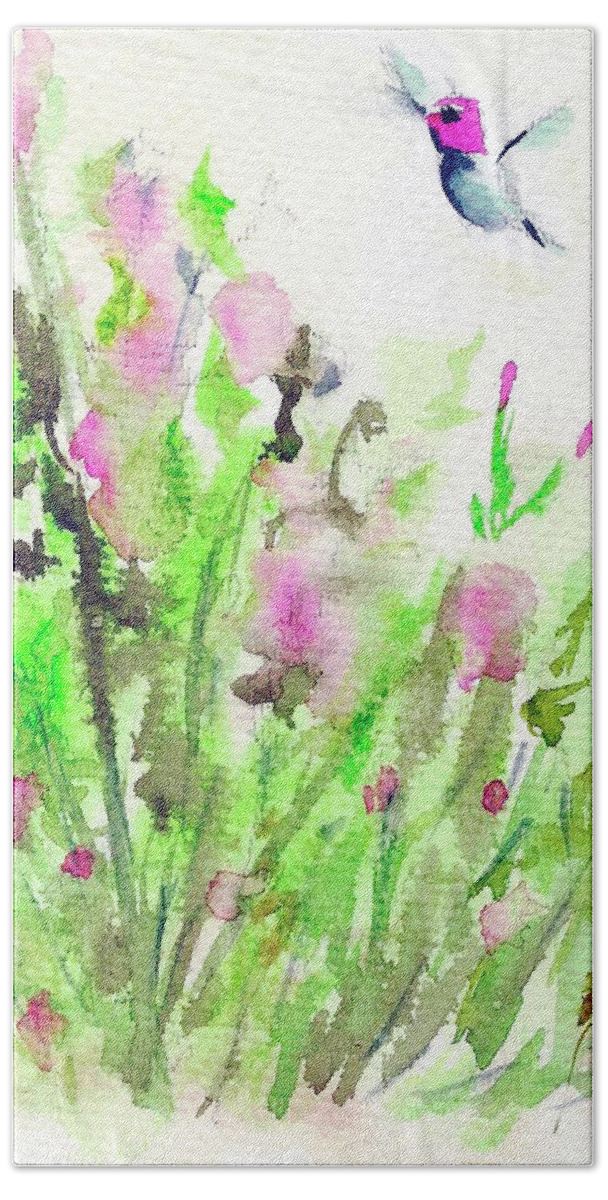 Hummingbird Bath Towel featuring the painting Hummingbird in the Red Salvia by Roxy Rich