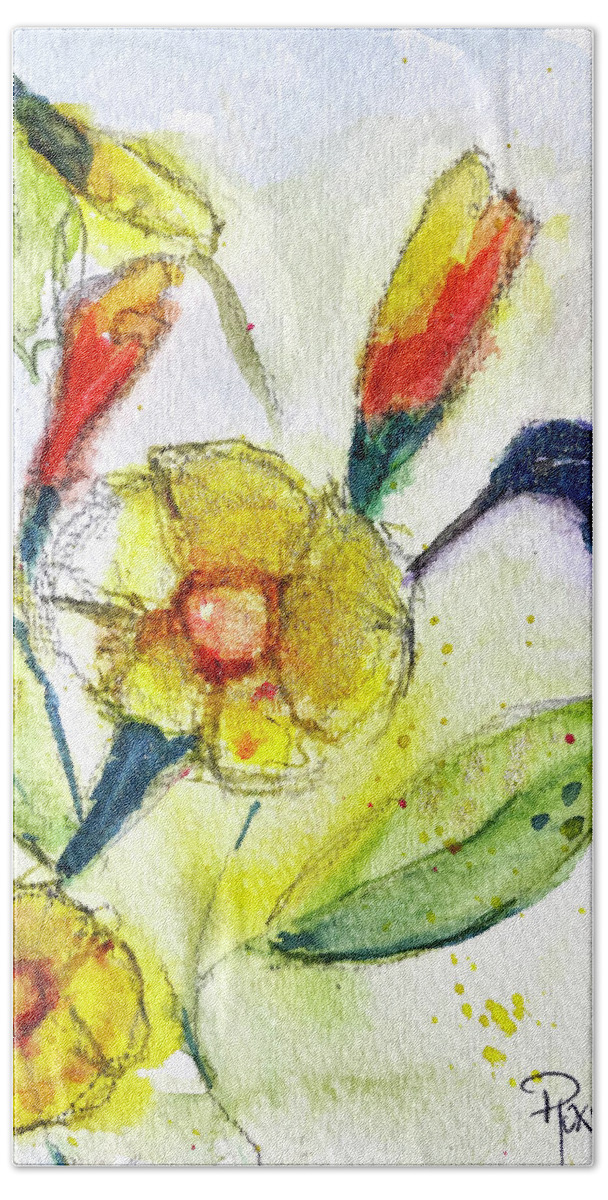 Watercolor Bath Towel featuring the painting Hummingbird in the Tube Flowers by Roxy Rich