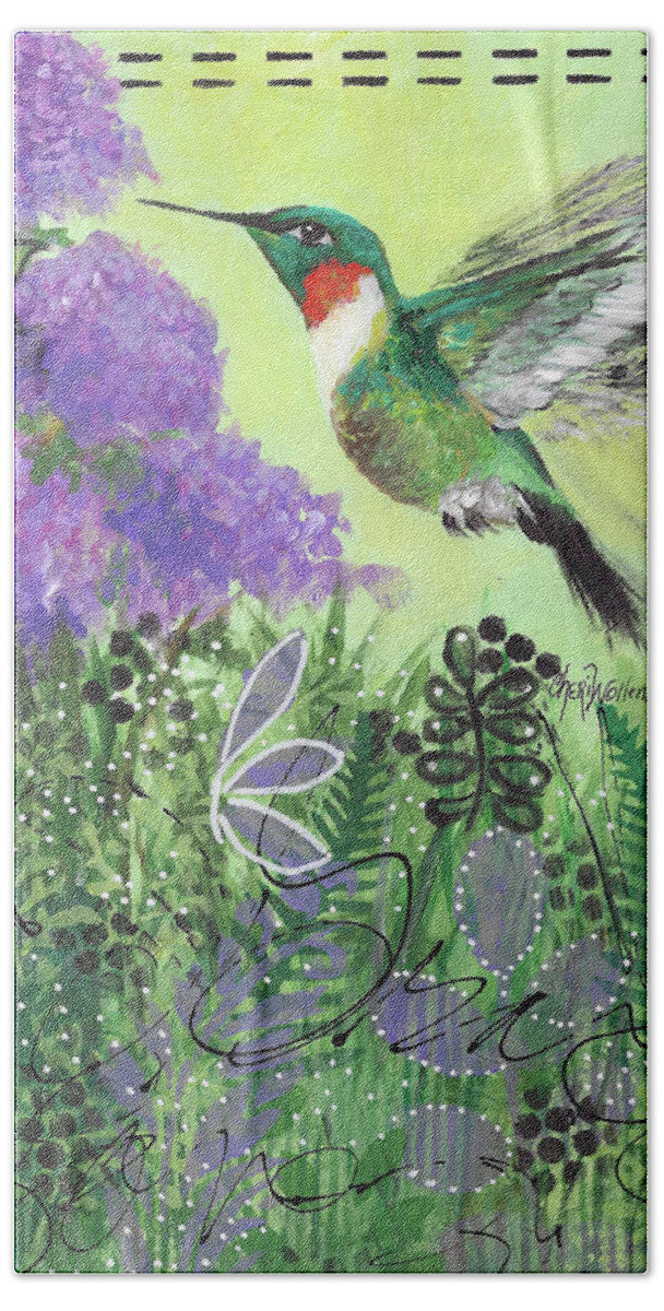 Mixed Media Art Hand Towel featuring the painting Hummingbird Out My Window by Cheri Wollenberg