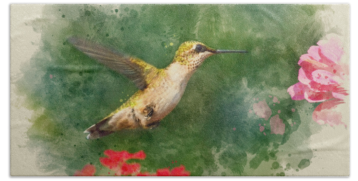 Hummingbird Bath Towel featuring the mixed media Hummingbird - Watercolor Art by Christina Rollo