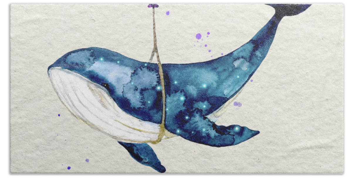 Humpback Whale Bath Towel featuring the painting Humpback Whale With Purple Balloon Watercolor Painting by Garden Of Delights