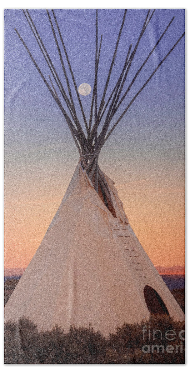 Taos Hand Towel featuring the photograph Hunter Moon over white Tipi by Elijah Rael