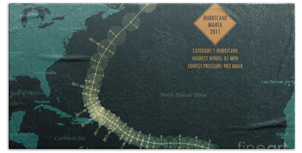 Cartography Hand Towel featuring the digital art Hurricane Maria 2011 Track North Atlantic Ocean Infographic by Frank Ramspott
