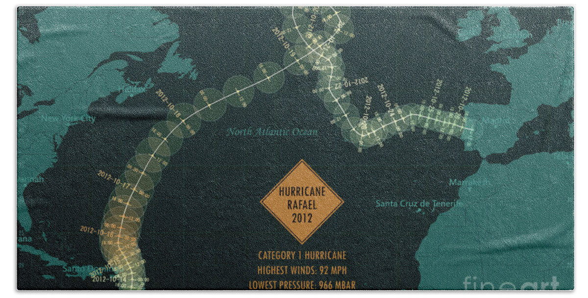 Cartography Hand Towel featuring the digital art Hurricane Rafael 2012 Track North Atlantic Ocean Infographic by Frank Ramspott