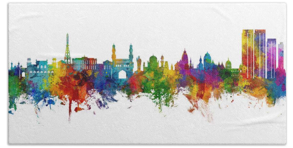 Hyderabad Bath Towel featuring the digital art Hyderabad Skyline India #00 by Michael Tompsett