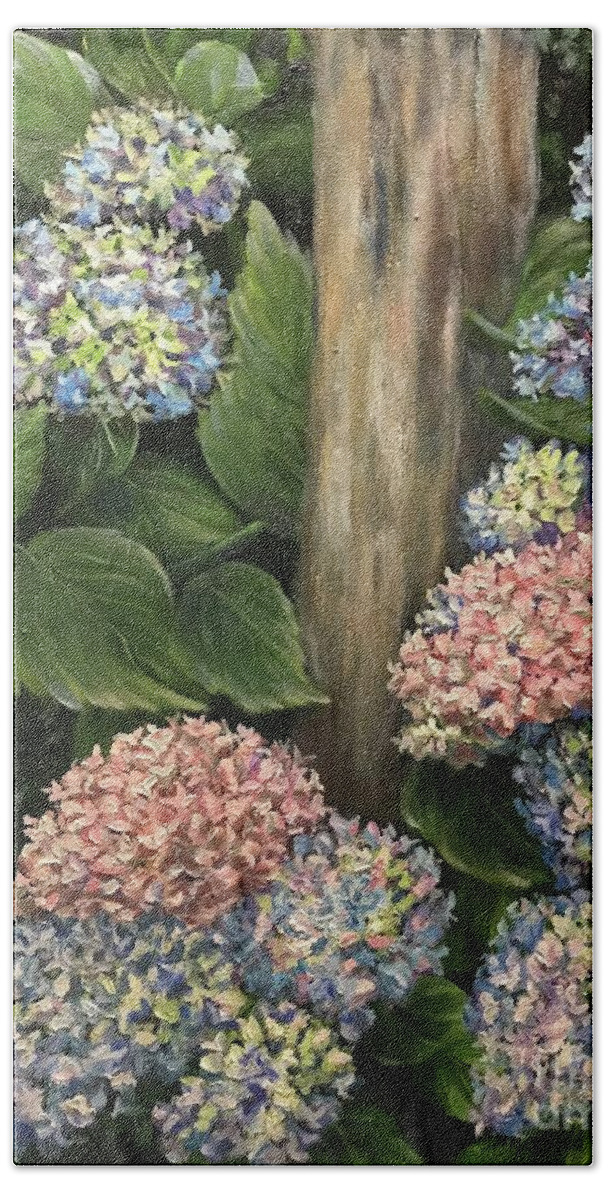 Paintings Bath Towel featuring the painting Hydrangeas and Post by Sherrell Rodgers