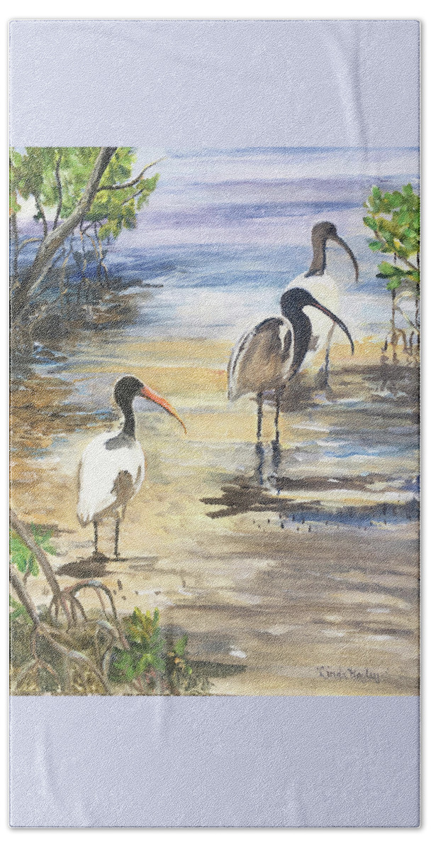 Ibis Painting Hand Towel featuring the painting Ibises in the Mangroves by Linda Kegley
