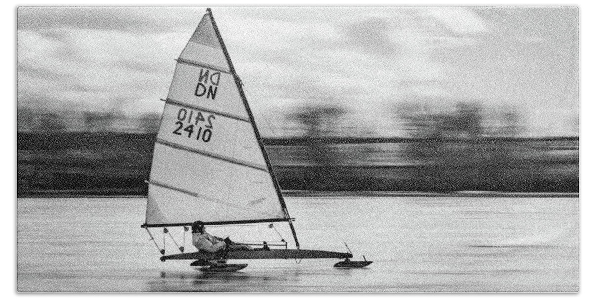 Iceboat Bath Towel featuring the photograph Iceboat - black and white by Stephen Holst