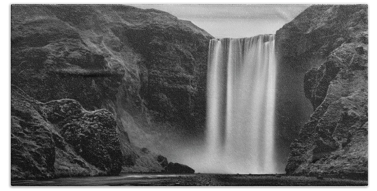 Iceland Hand Towel featuring the photograph Iceland - Skogafoss in black and white by Olivier Parent
