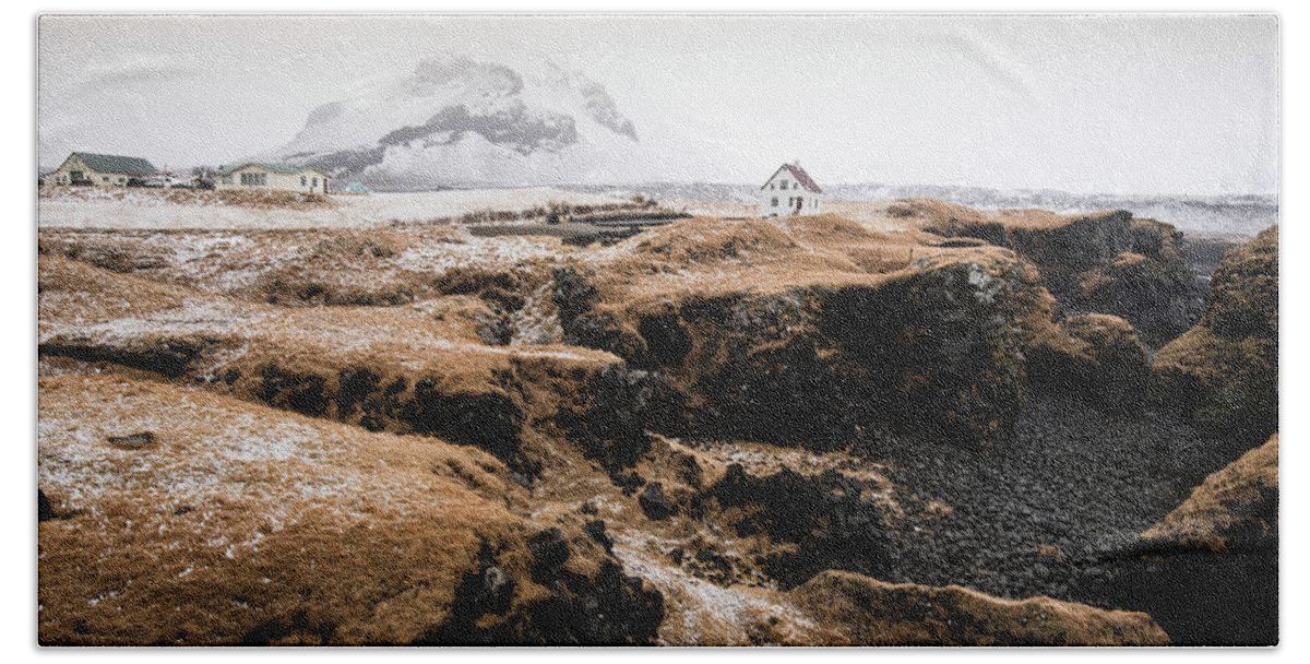 Arnarstapi Bath Towel featuring the photograph Lonely house in winter Iceland by Michalakis Ppalis