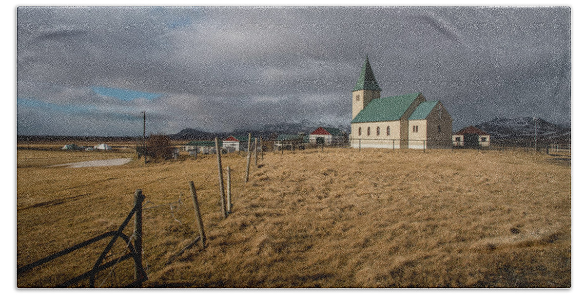 Icelandic Bath Towel featuring the photograph Icelandinc landscape with traditional church in Iceland by Michalakis Ppalis