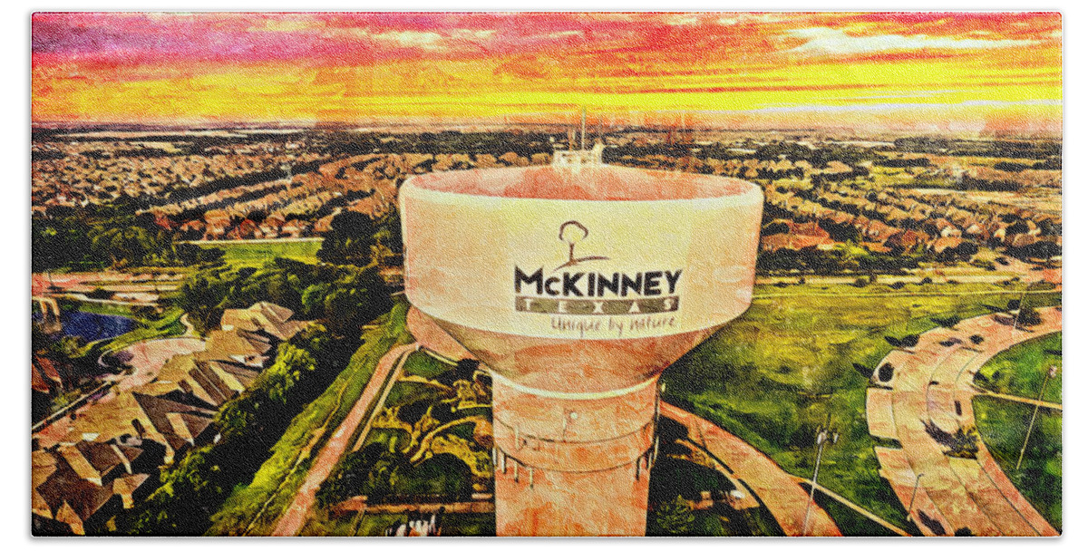 Water Tower Bath Towel featuring the digital art Iconic water tower in western McKinney, Texas, at sunset by Nicko Prints