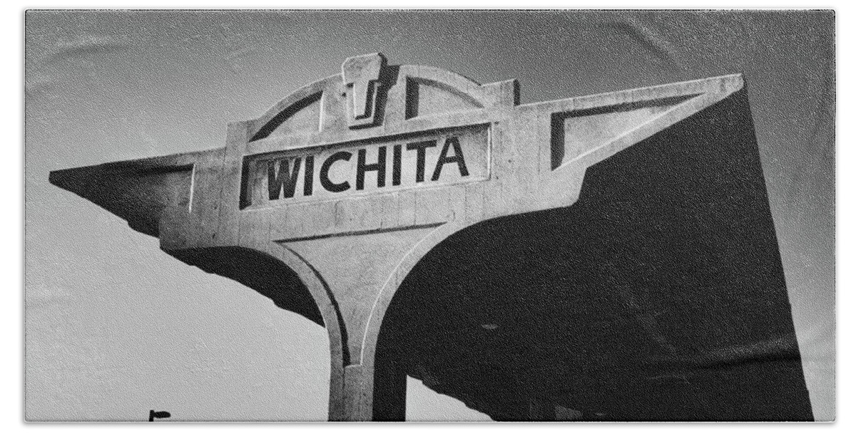Wichita Kansas Bath Towel featuring the photograph Iconic Wichita Kansas Union Station Architectural Panorama in Black and White by Gregory Ballos