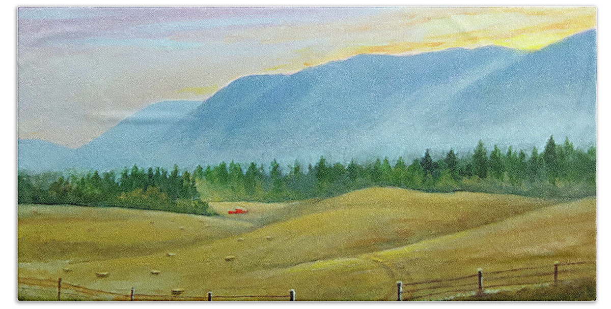 Idaho Bath Towel featuring the painting Idaho Hay Field by Randy Welborn