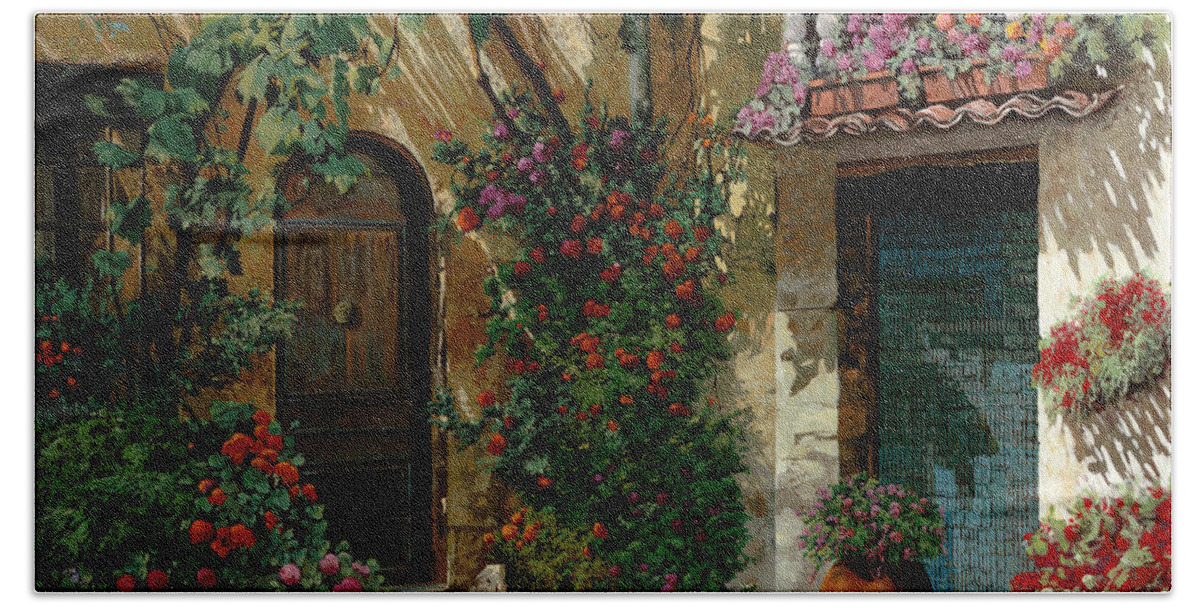 Landscape Bath Sheet featuring the painting Fiori In Cortile by Guido Borelli
