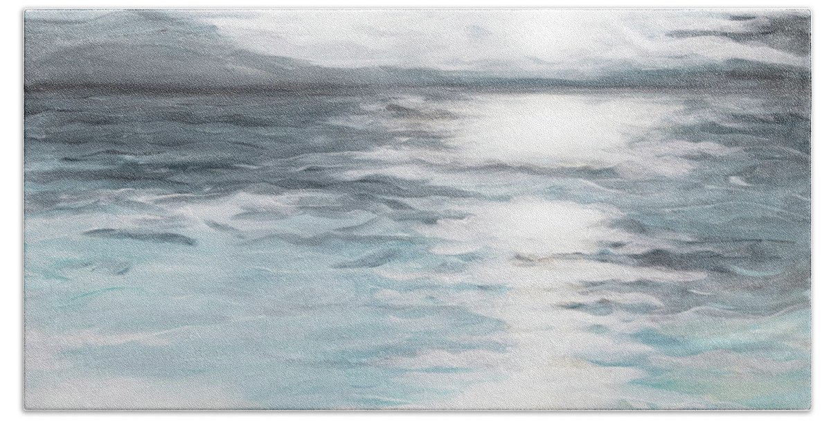 Impressionist Impressionistic Ocean Sunrise Soft Teal Indigo Blue White Reflection Bath Towel featuring the painting Impression by Pamela Schwartz