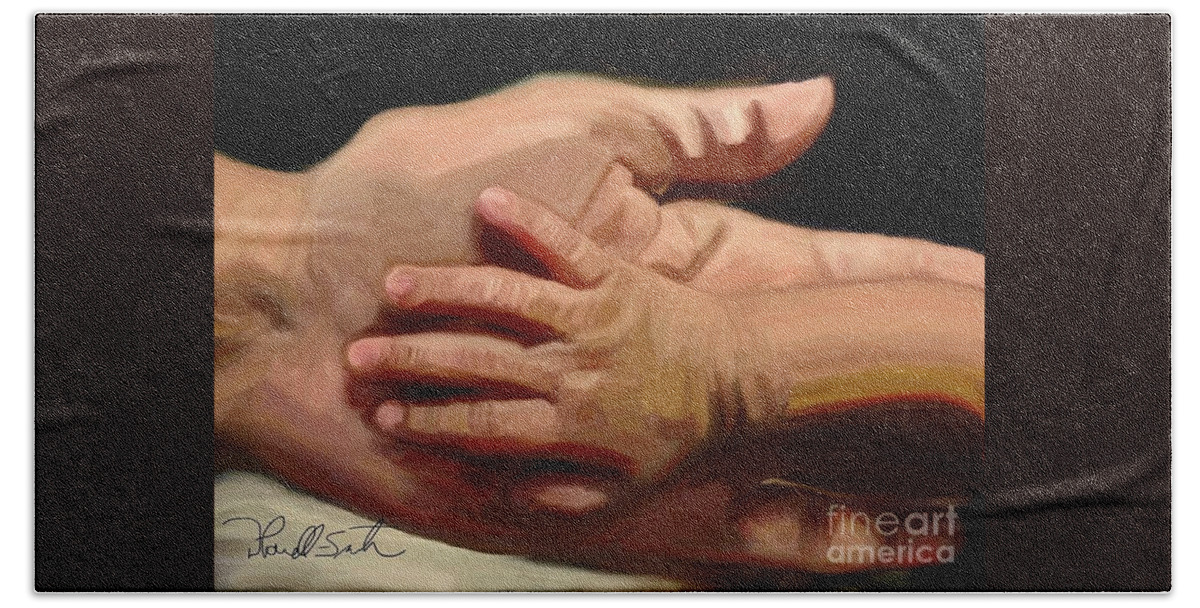 Hand In Hand Hand Towel featuring the digital art In Grandmas Hand by D Powell-Smith