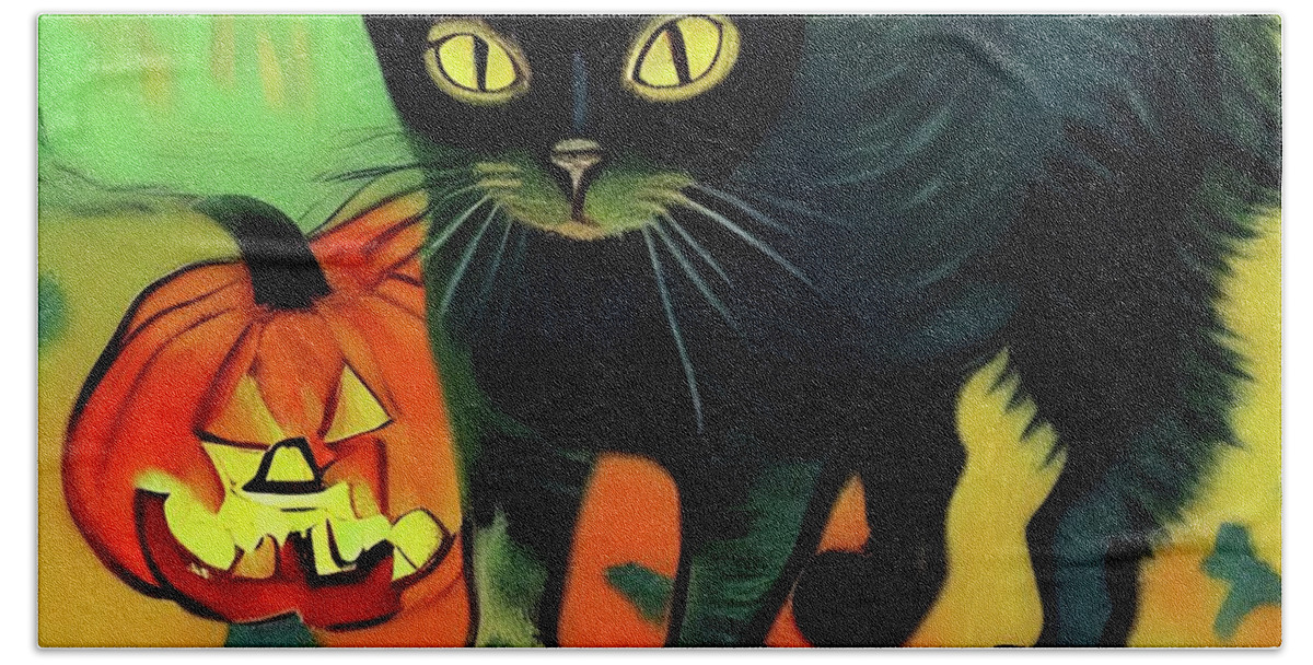 Halloween Bath Towel featuring the digital art I'm not scared of Halloween by Tatiana Travelways