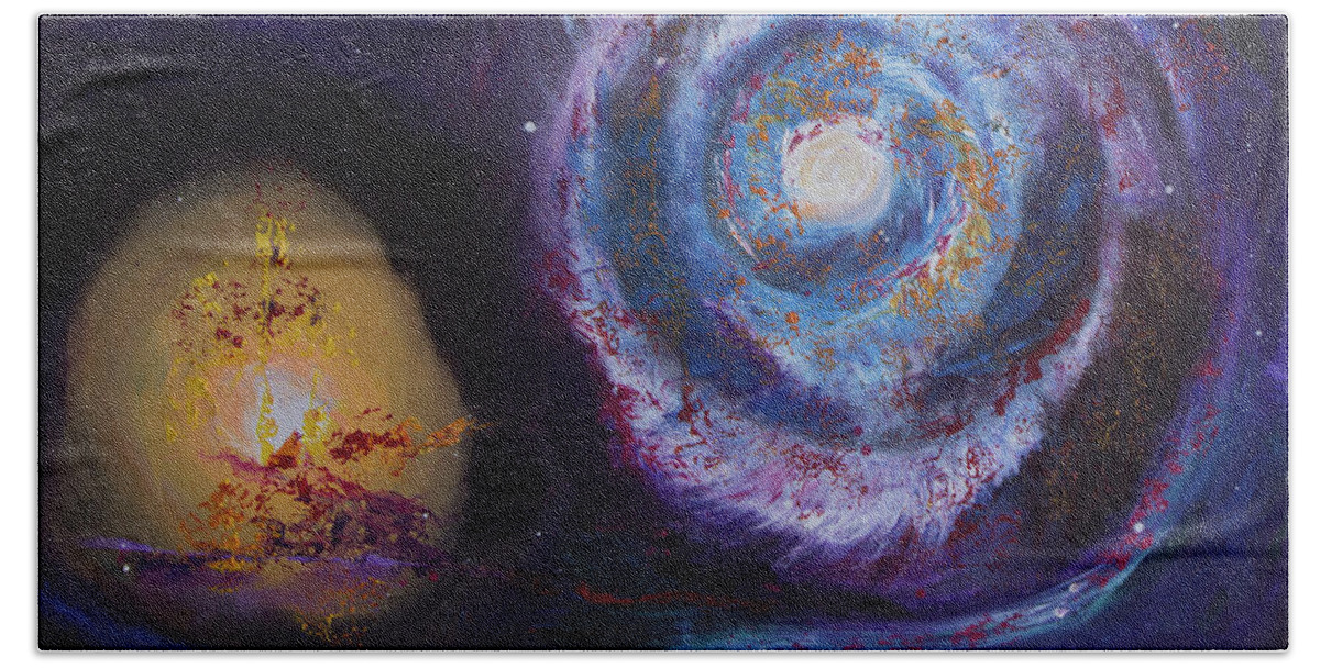 Galaxy Hand Towel featuring the painting In the Beginning by Evelyn Snyder