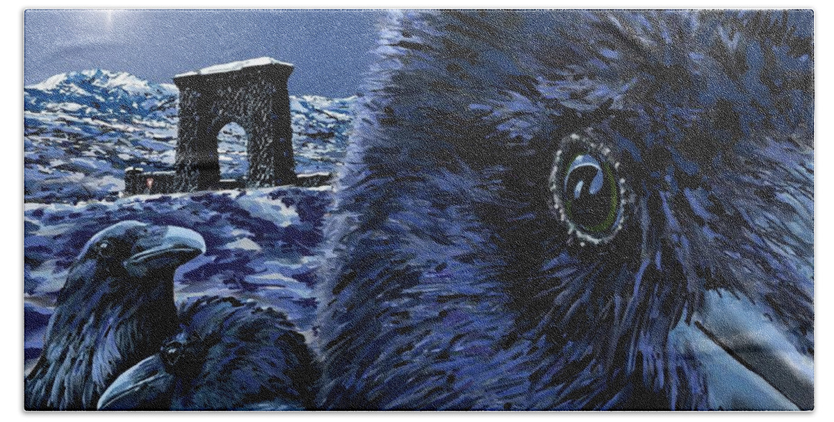 Raven Bath Towel featuring the digital art In the Eye of the Raven by Les Herman