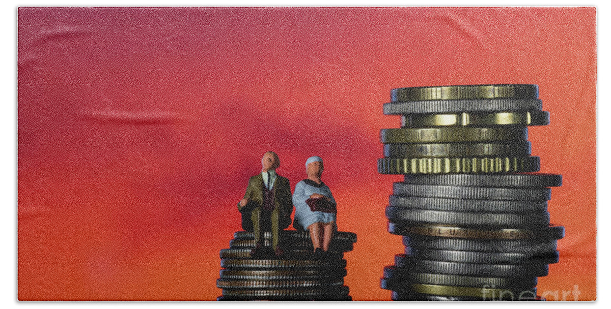 Return Bath Towel featuring the photograph Income Tax Campaign Spain. Old Couple sitting on coin stack.. Declaracion de la Renta. Macro by Pablo Avanzini
