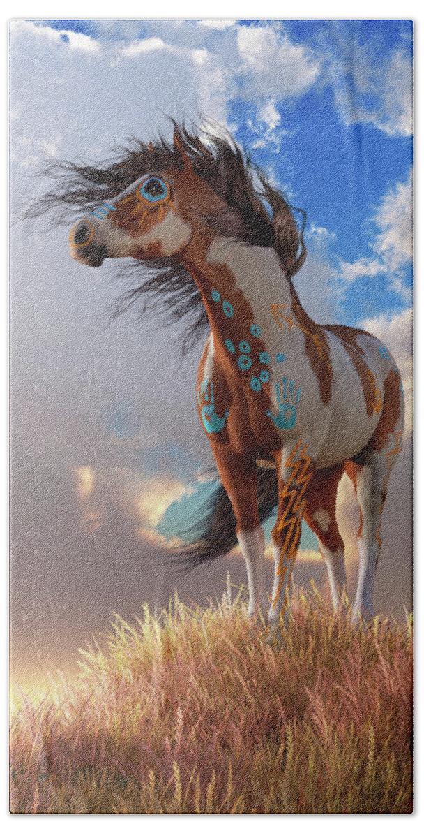 Pinto War Horse Bath Towel featuring the digital art Indian Pony by Daniel Eskridge