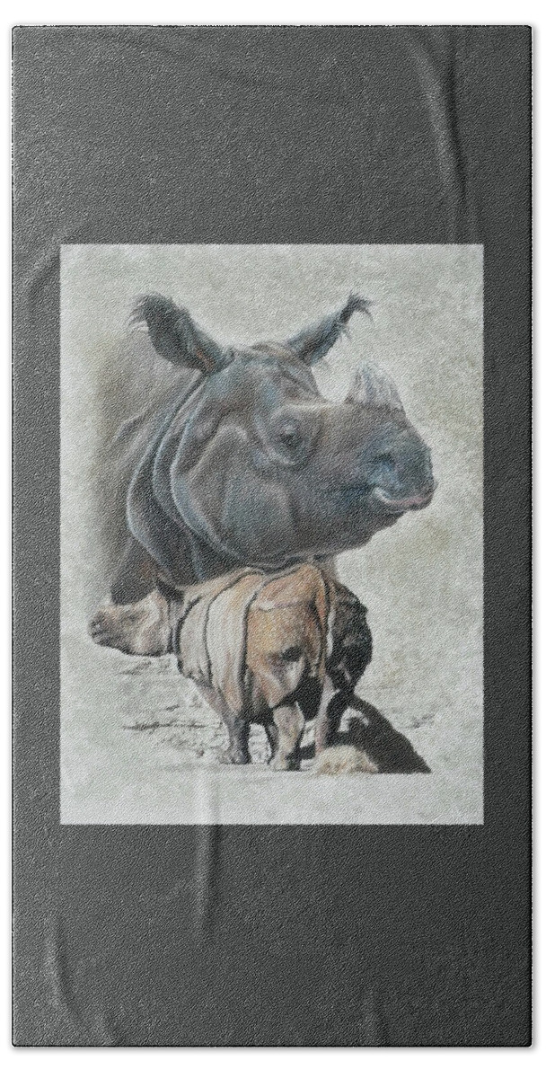 Rhino Bath Towel featuring the mixed media Vulnerable by Barbara Keith