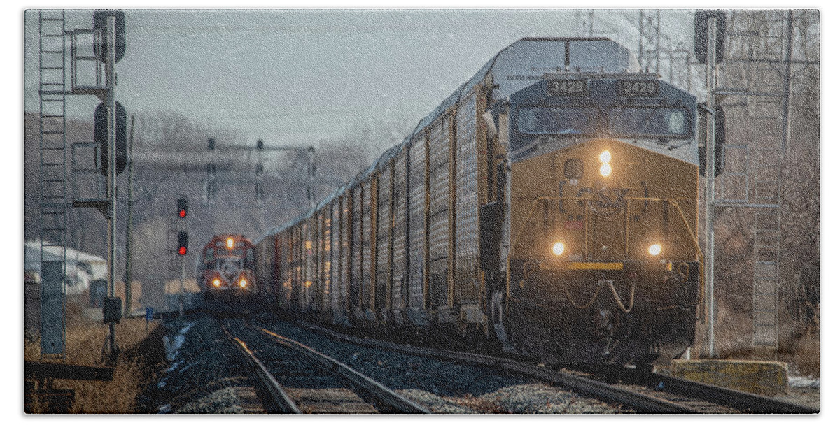 Railroad Hand Towel featuring the photograph Indiana Harbor Belt 4015 and 4017 run alongside CSXT 3429 at Dolton Illinois by Jim Pearson