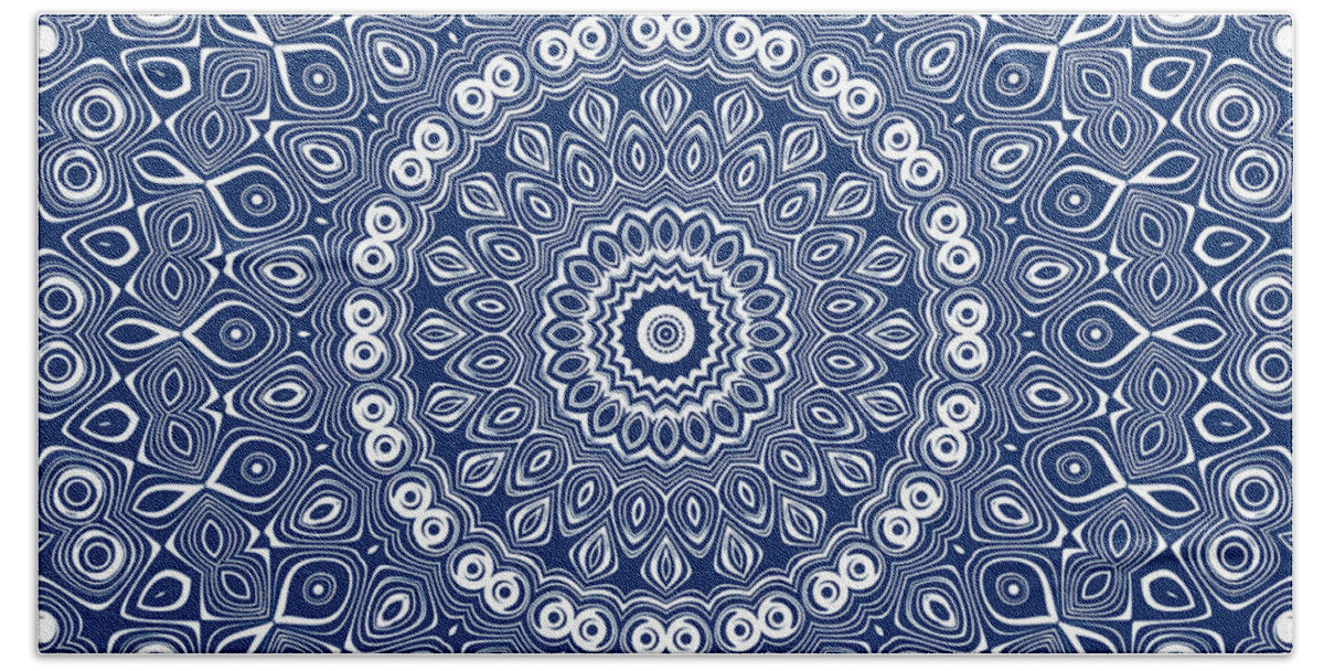 Indigo Hand Towel featuring the digital art Indigo Blue Mandala Kaleidoscope Medallion Flower by Mercury McCutcheon