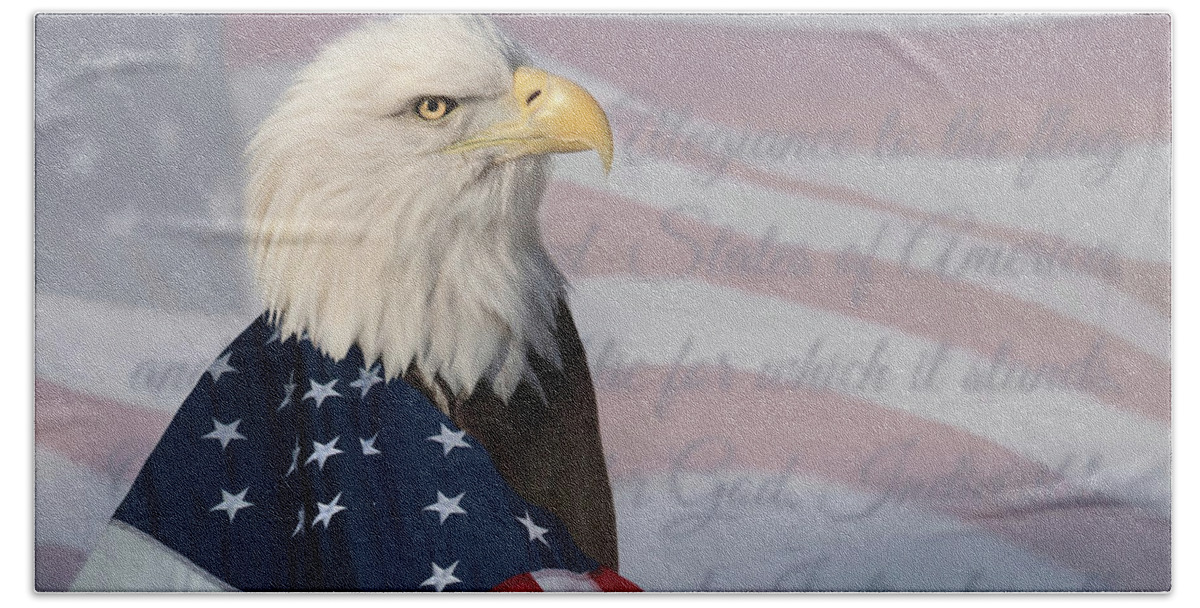 Eagle Hand Towel featuring the mixed media Indivisible - American Bald Eagle by Lori Deiter