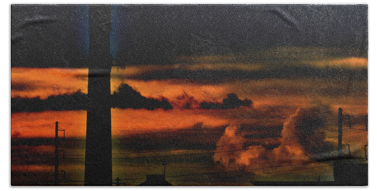 Industrial Bath Towel featuring the photograph Industrial Landscape at Sundown by Linda Stern