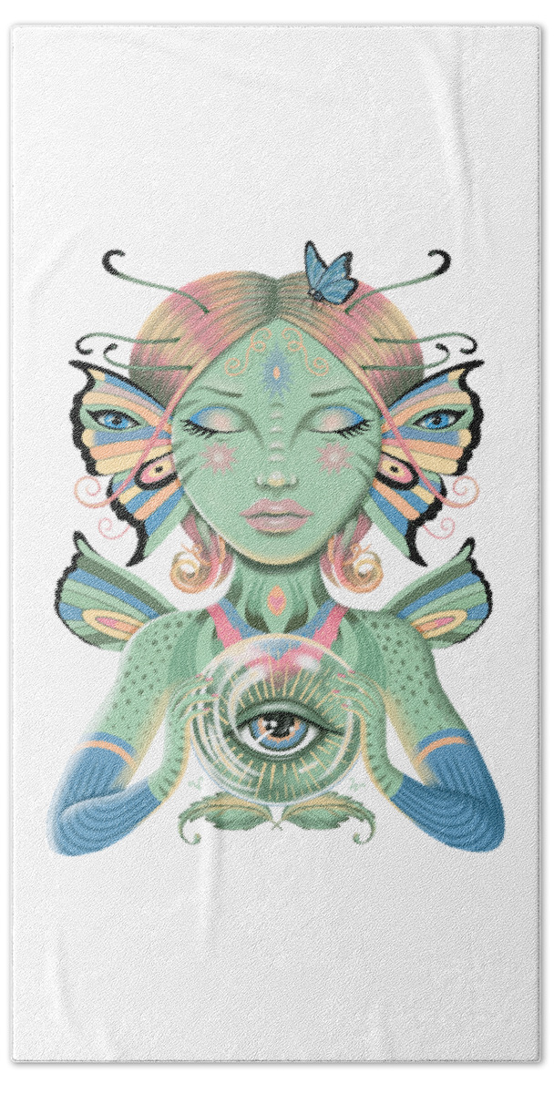 Fantasy Bath Towel featuring the digital art Insect Girl, Flutter with Crystal Ball by Valerie White