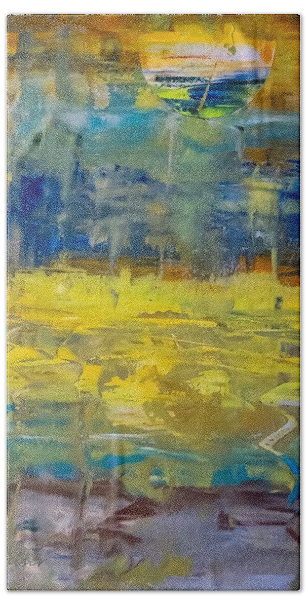 Abstract Bath Towel featuring the painting Inspired By The Pond by Lisa Kaiser