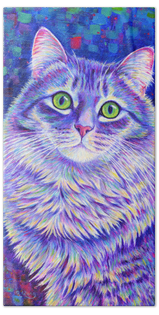 Gray Tabby Hand Towel featuring the painting Iridescence - Colorful Gray Tabby Cat by Rebecca Wang