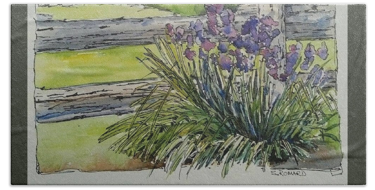 Rustic Garden Bath Towel featuring the painting Irises by Sheila Romard