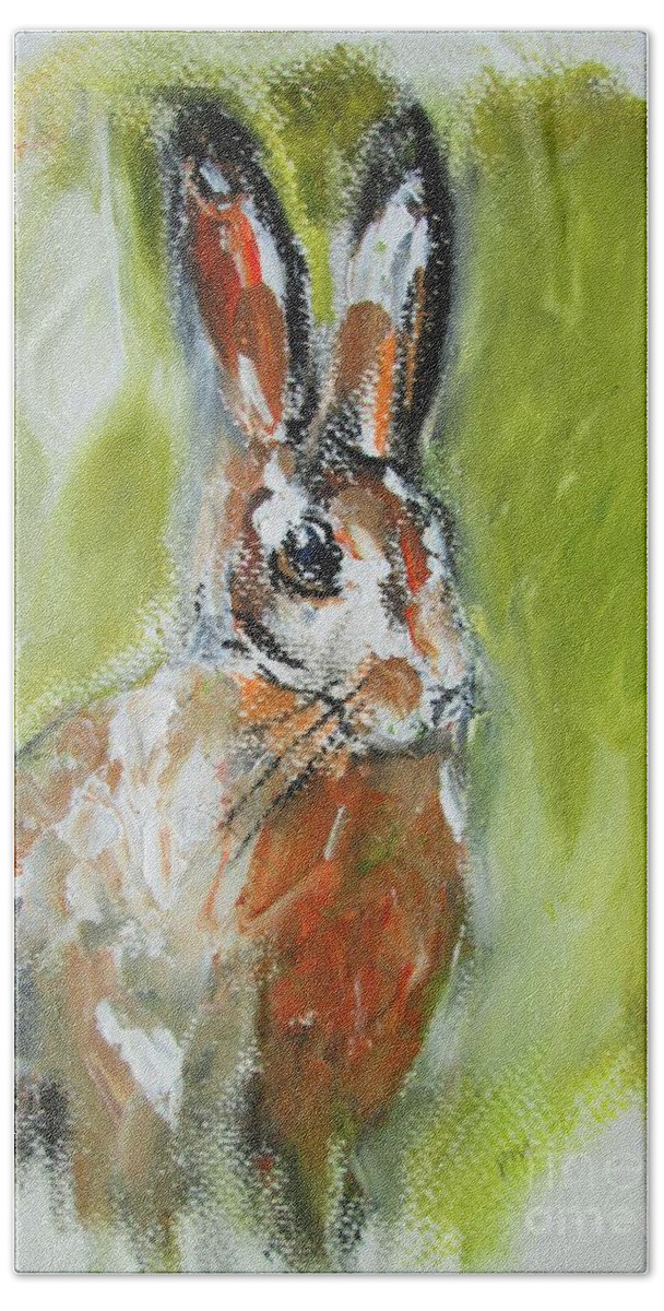 Hare Art Bath Towel featuring the painting Irish Hare Painting by Mary Cahalan Lee - aka PIXI