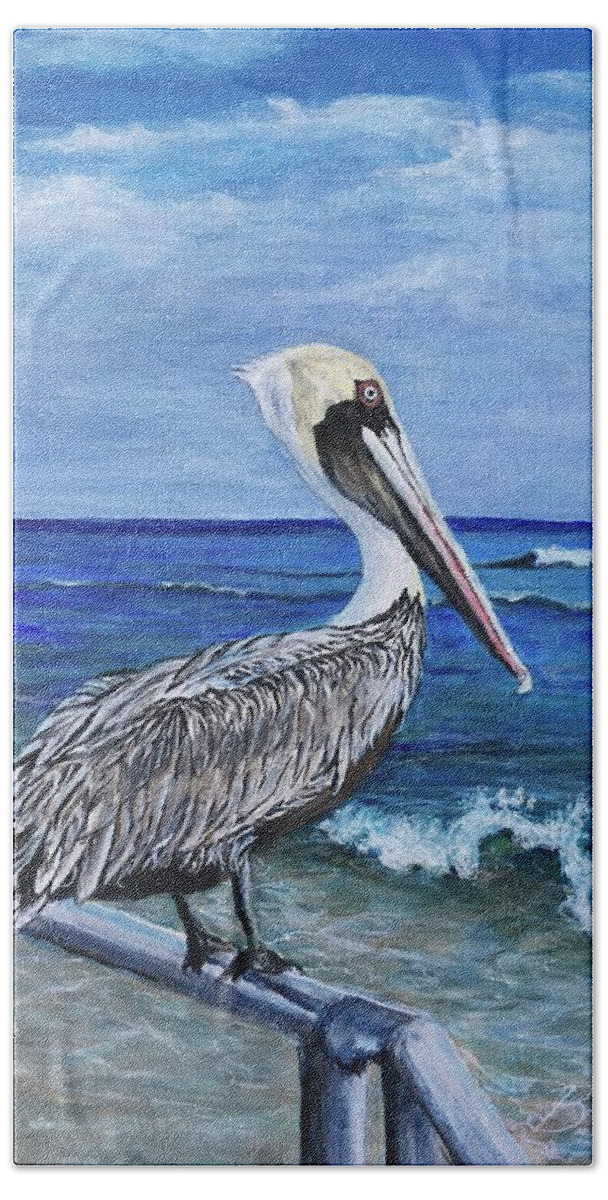 Isla Mujeres Hand Towel featuring the painting Isla Mujeres Pelican by Bonnie Peacher