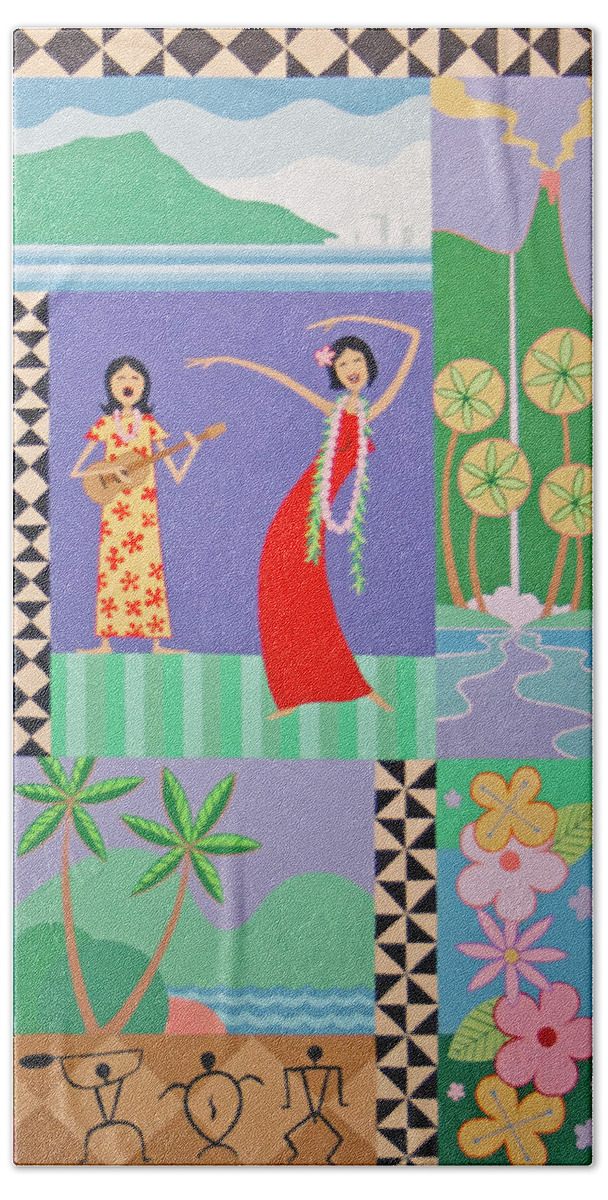 Tiki Bath Towel featuring the painting Island Music by Norman Engel