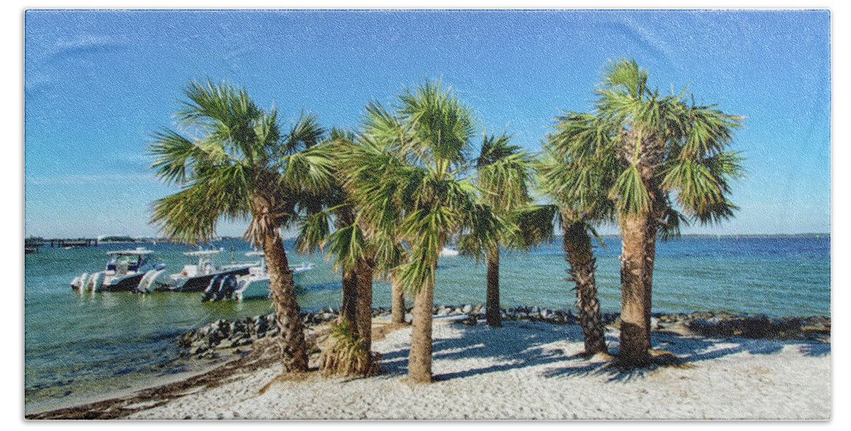 Island Hand Towel featuring the photograph Island Palm Trees and Boats, Pensacola Beach, Florida by Beachtown Views