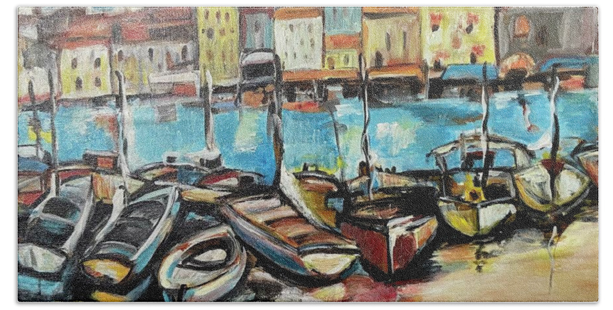 Boats Bath Towel featuring the painting Italian Marina by Denice Palanuk Wilson