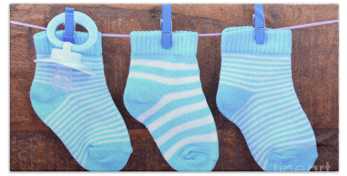 Baby Shower Bath Towel featuring the photograph Its a Boy Blue Baby Socks by Milleflore Images