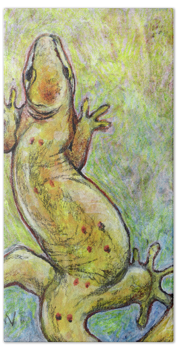 Gecko Hand Towel featuring the mixed media It's a Gecko by AnneMarie Welsh