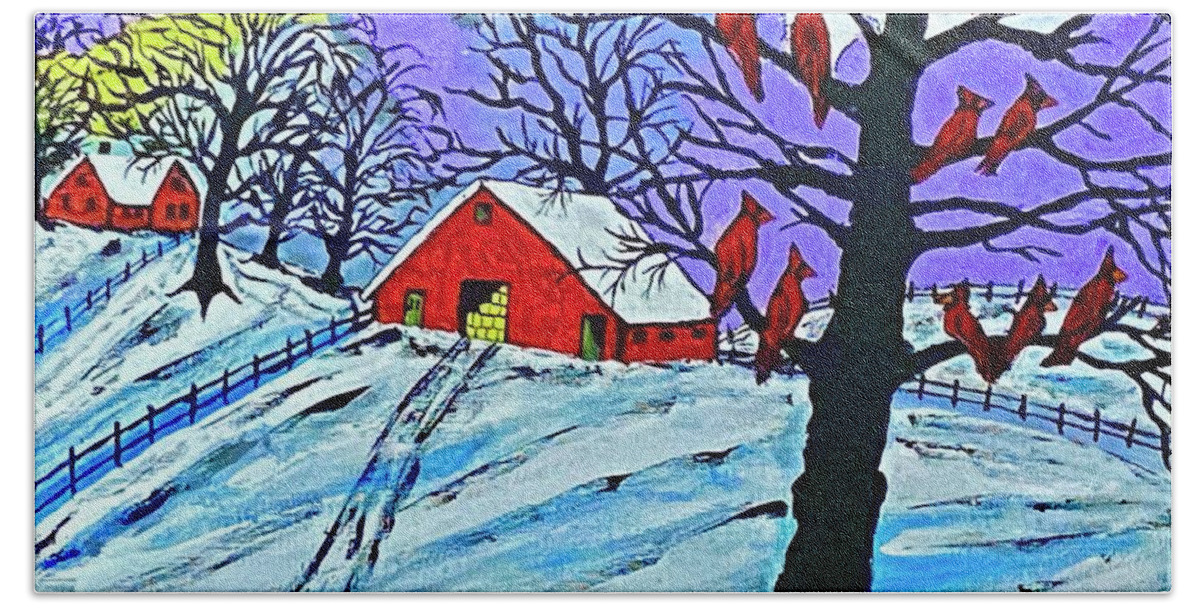Red Cardinal Hand Towel featuring the painting A Cold Winter Day by Jeffrey Koss
