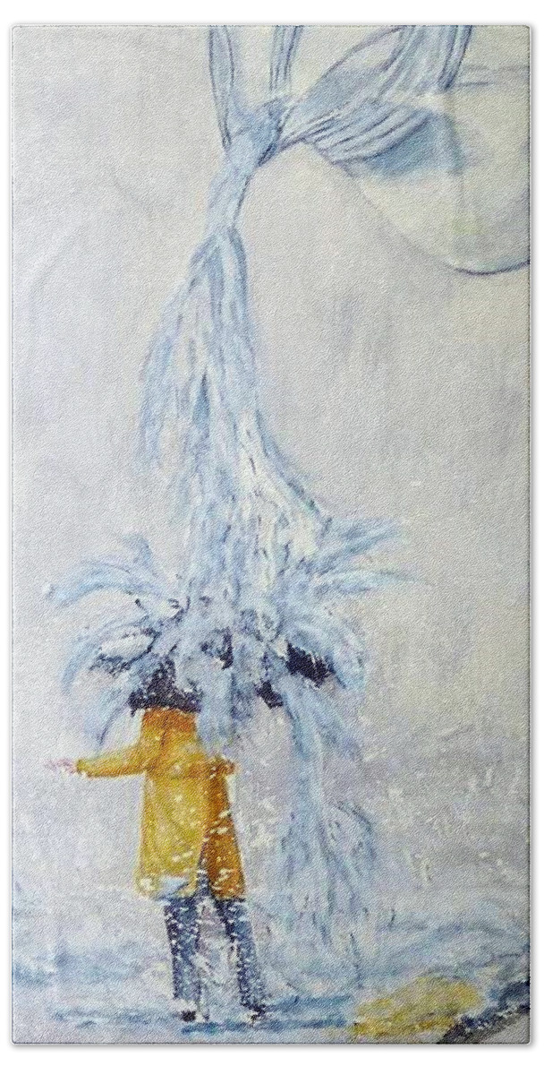 Rain Bath Towel featuring the painting It's Pouring Rain by Kelly Mills