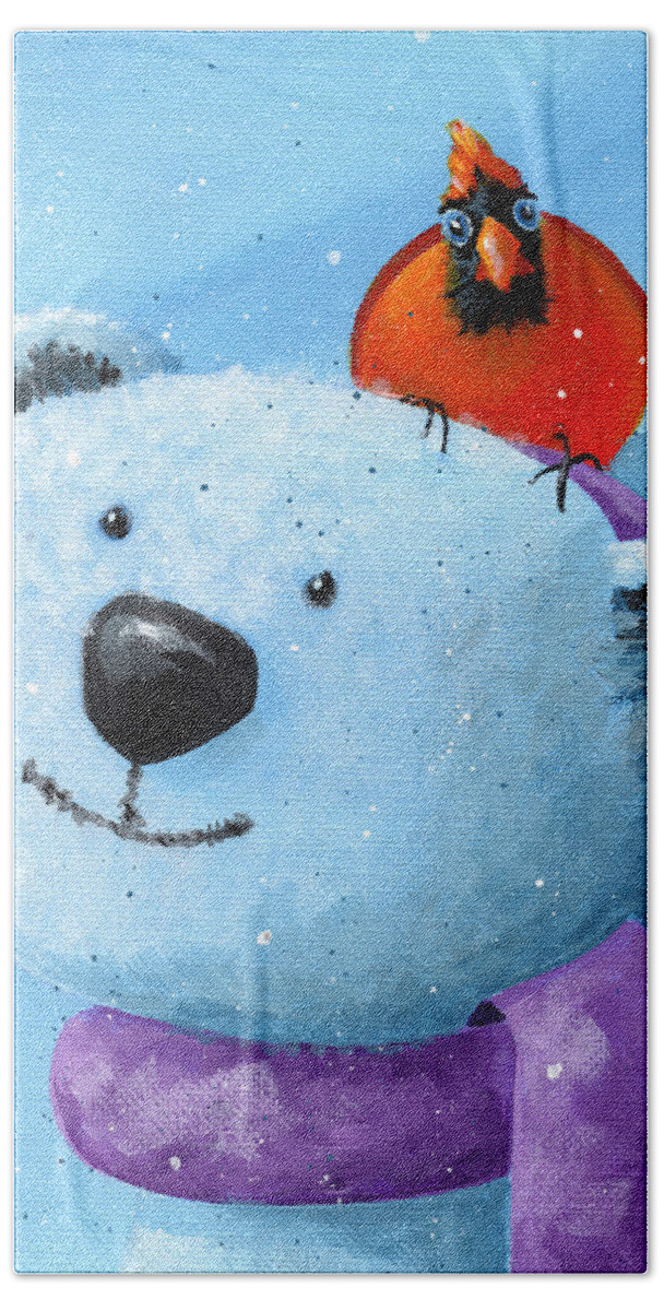 Winter Bath Towel featuring the painting I've Got Your Back - Polar Bear and Cardinal by Annie Troe