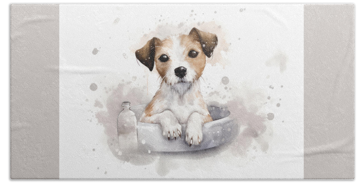 Dog Hand Towel featuring the digital art Jack Russell Terrier Puppy Dog in Bathtub by Good Focused