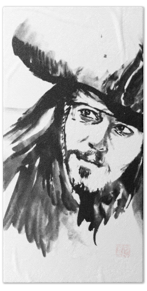 Jack Sparrow Hand Towel featuring the painting Jack Sparrow by Pechane Sumie