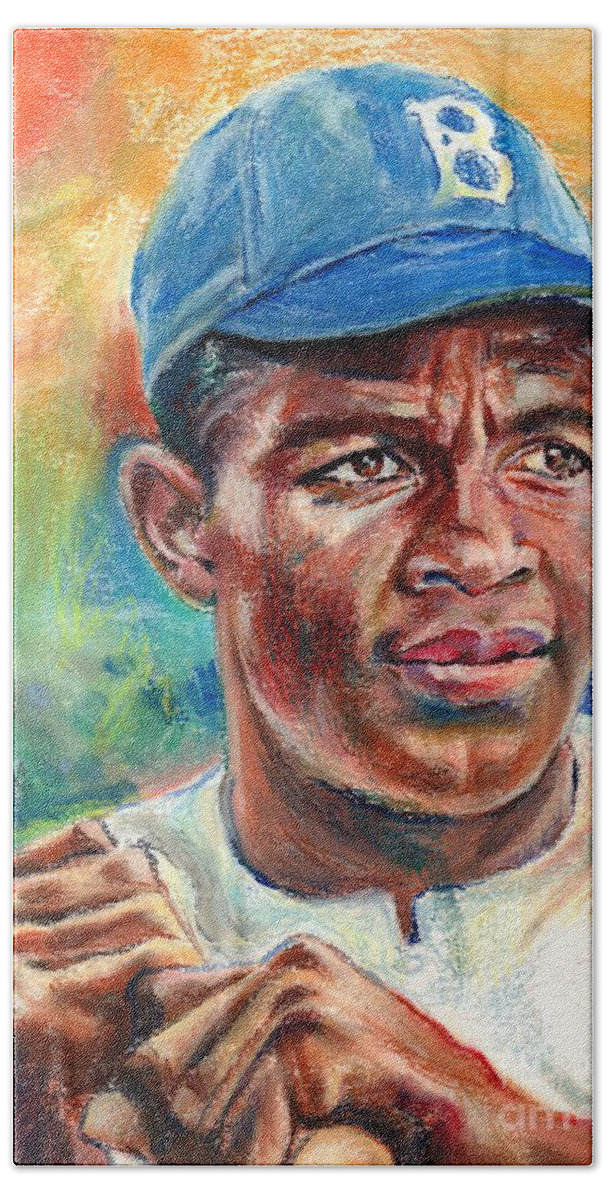 Jackie Robinson Bath Towel featuring the painting Jackie Robinson In Game by Suzann Sines
