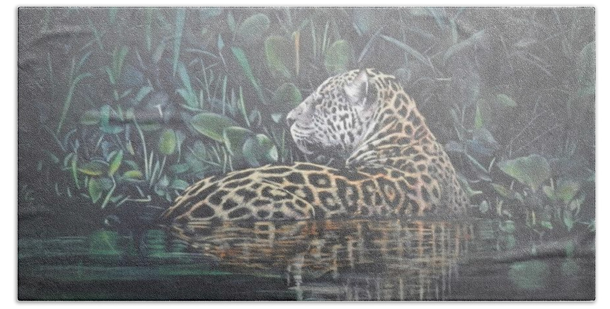 Jaguar Bath Towel featuring the painting Jaguar Crossing River by John Neeve